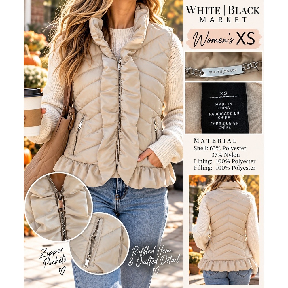 White House Black Market Champagne Quilted Ruffle Puffer Vest XS Beige